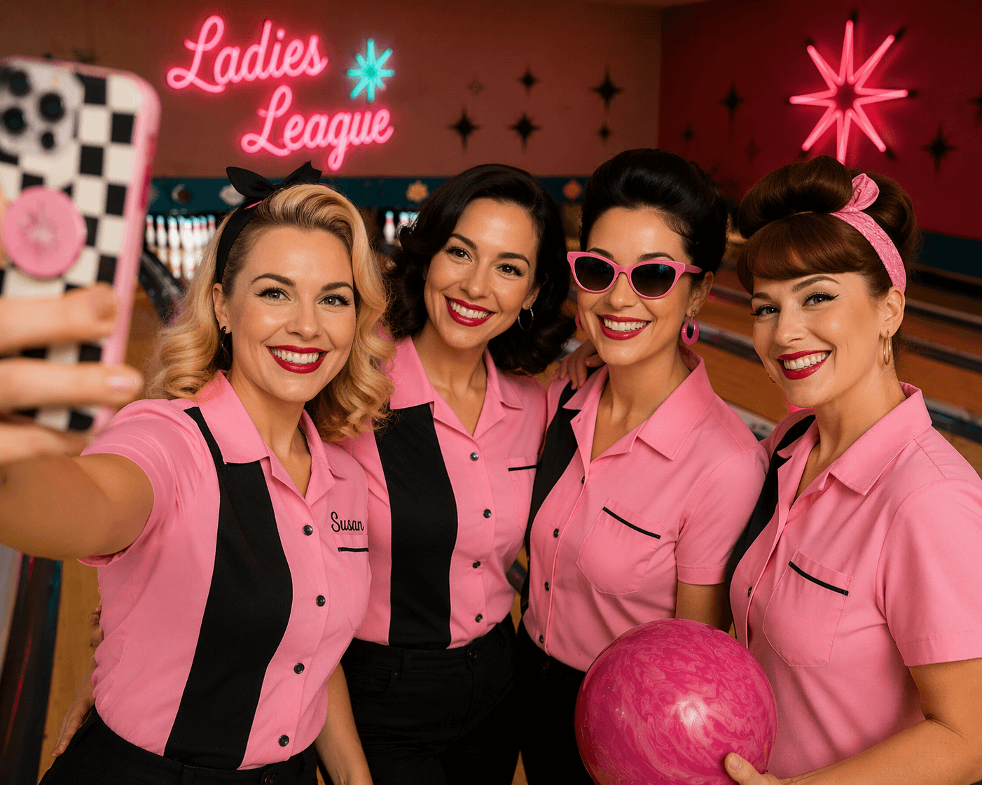 Women's bowling team wearing finished custom shirts